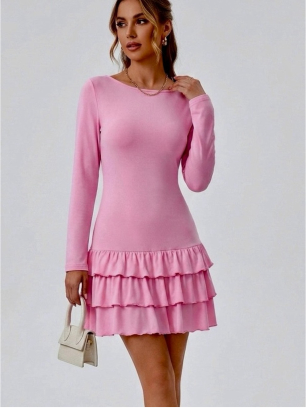 Pink Long-Sleeve Ruffle Hem Prom party Dress casual trendy chic going out 1992
